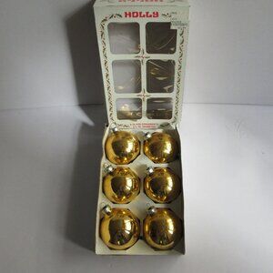 HOLLY Gold 2  5/8” Round Glass Christmas Ornaments (1) Box Of 6 Vintage USA